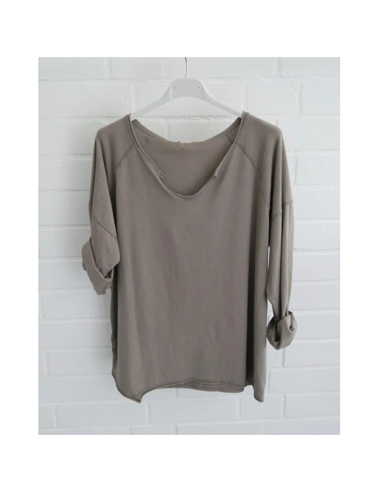 Schlammfarbenes Langarmshirt mit lockerem Schnitt und tiefem V-Ausschnitt