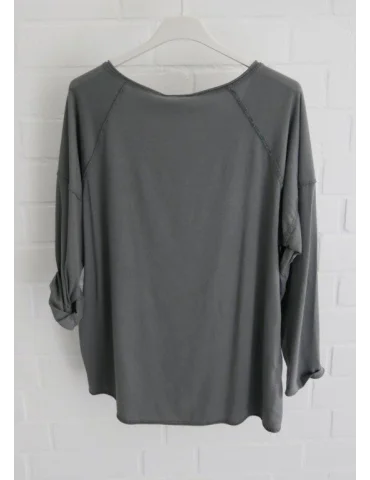 Rückansicht Anthrazitfarbenes Langarmshirt mit lockerem Schnitt und tiefem V-Ausschnitt