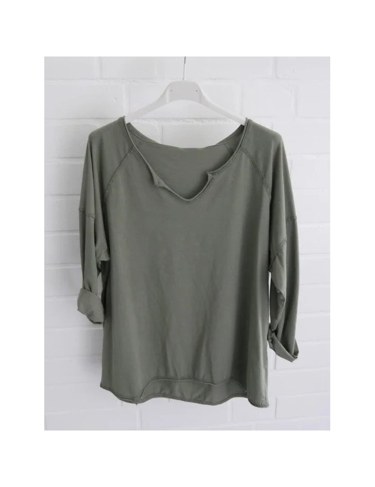 Olivgrünes Langarmshirt mit lockerem Schnitt und tiefem V-Ausschnitt