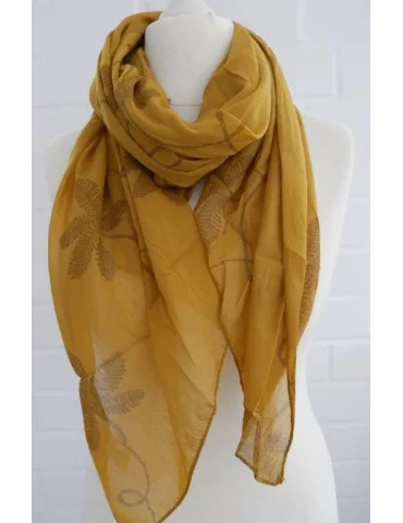 Schal Tuch Loop Made in Italy Seide Baumwolle senf grau Blumen S 496
