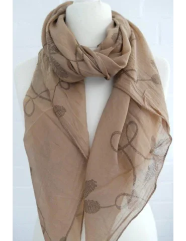 Seiden Baumwoll Schal in camel mit grauen Blumen auf einer Büste