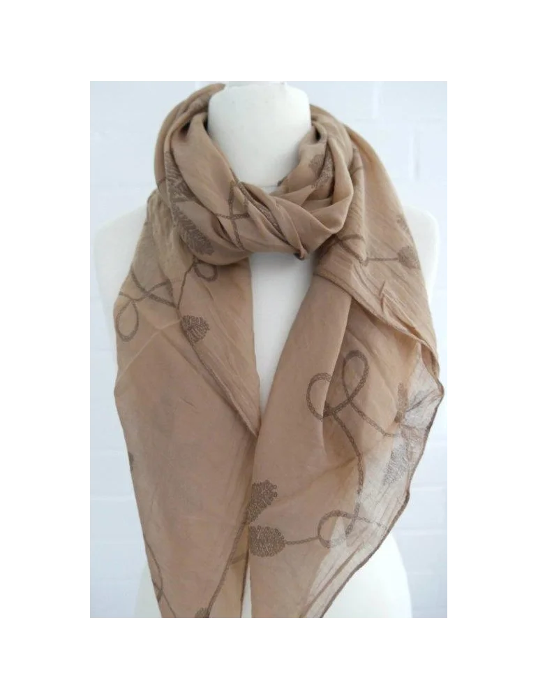 Seiden Baumwoll Schal in camel mit grauen Blumen auf einer Büste