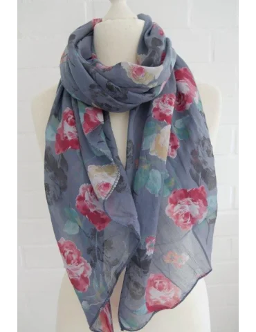 Schal Tuch Loop Made in Italy Seide Baumwolle jeansblau rote Blumen S 495