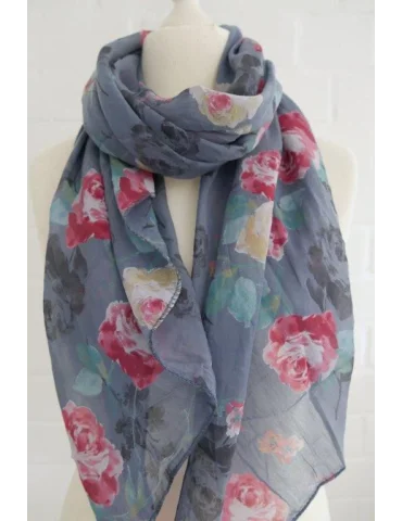Seiden Baumwoll Schal in jeansblau mit roten Blumen auf einer Büste