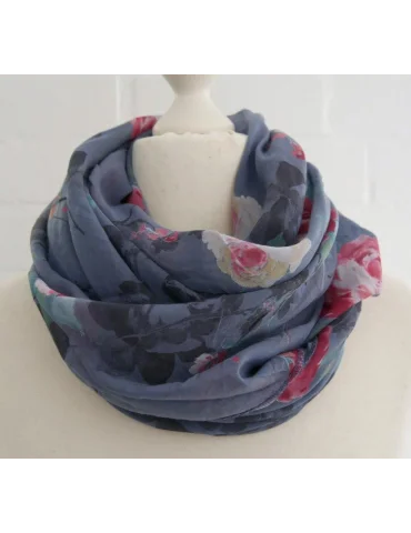 Schal Tuch Loop Made in Italy Seide Baumwolle jeansblau rote Blumen S 495