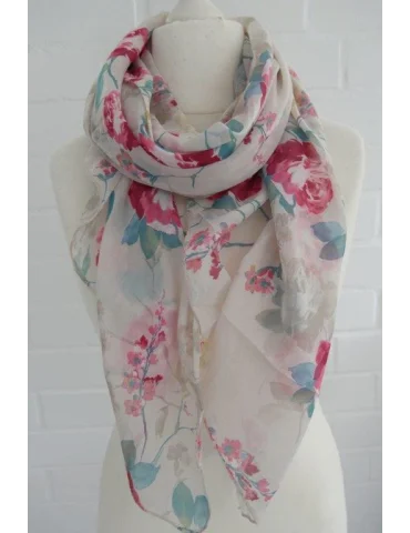 Schal Tuch Loop Made in Italy Seide Baumwolle beige rote Blumen S 495