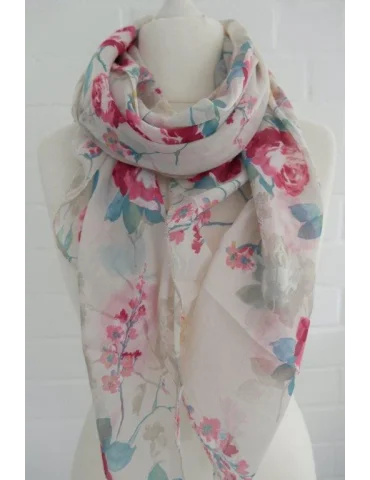 Seiden Baumwoll Schal in beige mit roten Blumen auf einer Büste
