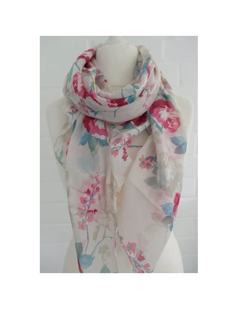 Seiden Baumwoll Schal in beige mit roten Blumen auf einer Büste