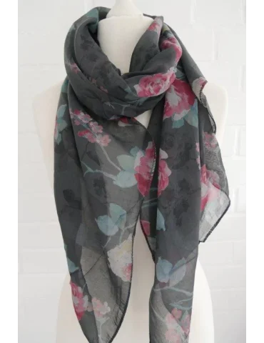 Schal Tuch Loop Made in Italy Seide Baumwolle anthrazit rote Blumen S 495