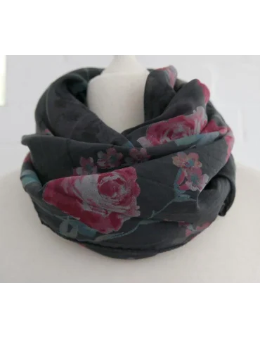 Schal Tuch Loop Made in Italy Seide Baumwolle anthrazit rote Blumen S 495