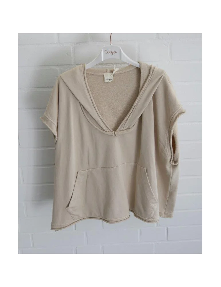Hellbeigefarbener Kurzarm-Hoodie für Damen mit tiefem V-Ausschnitt und Kängurutasche auf Bügel