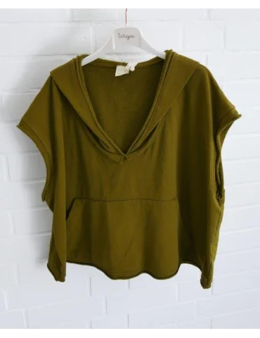 Gold Kiwifarbener Kurzarm-Hoodie für Damen mit tiefem V-Ausschnitt und Kängurutasche auf Bügel