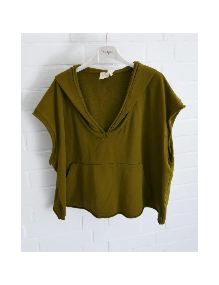 Gold Kiwifarbener Kurzarm-Hoodie für Damen mit tiefem V-Ausschnitt und Kängurutasche auf Bügel