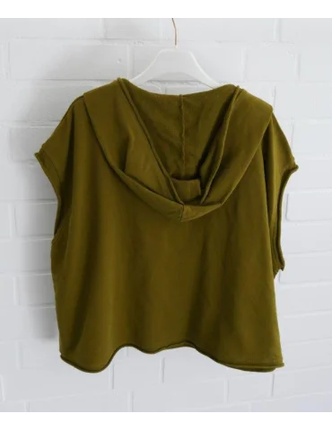 Rückansicht Gold Kiwifarbener Kurzarm-Hoodie für Damen mit tiefem V-Ausschnitt und Kängurutasche auf Bügel