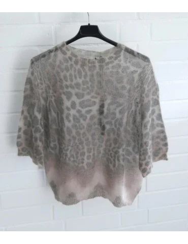 Transparenter Feinstrickpullover für Damen mit Leo-Muster in Grau-Beige an einem Kleiderbügel