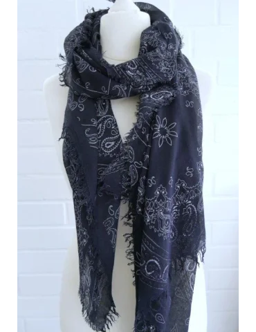 Paisley Tuch Dunkelblau | Schal mit Fransen für Damen