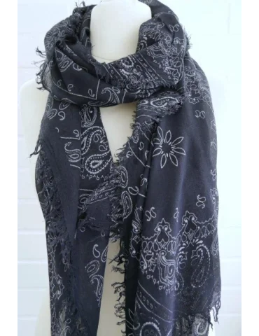 Dunkelblaues Damen Tuch mit Paisley-Muster und Fransen an einer Schneiderbüste