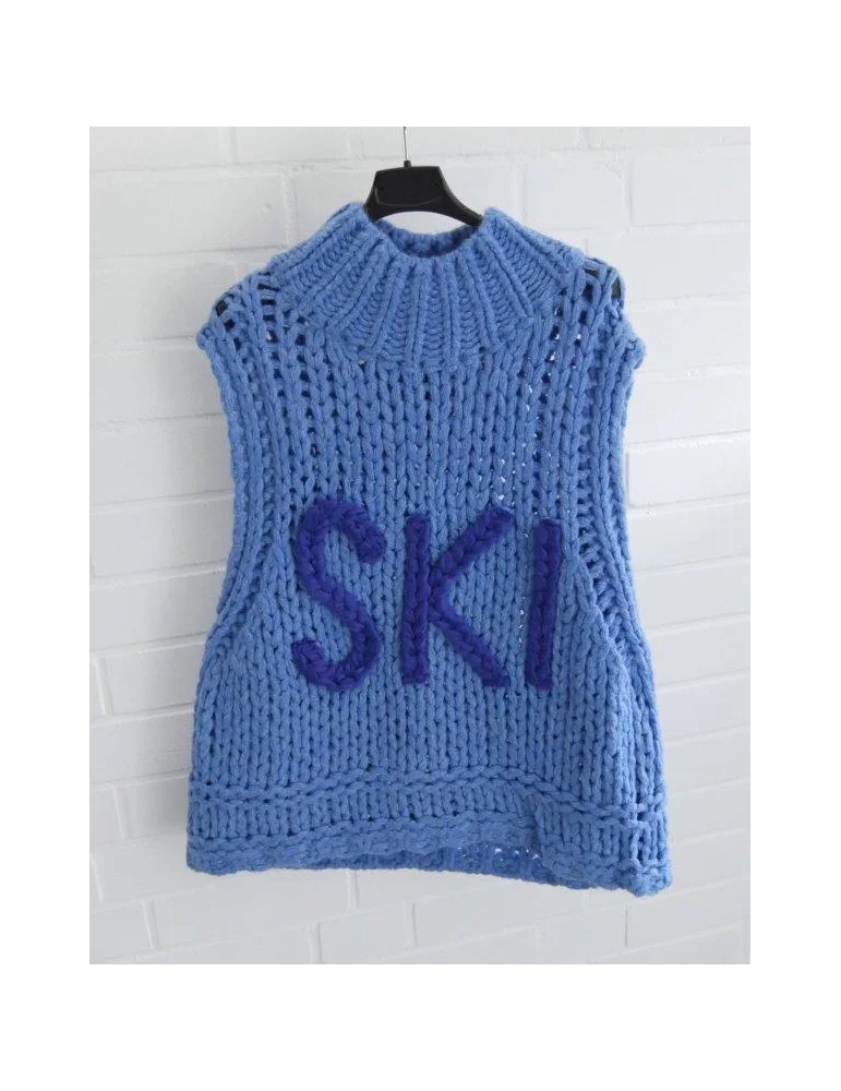 Royalblauer Grobstrick-Pullover ohne Ärmel mit blauem SKI-Schriftzug an einem Bügel