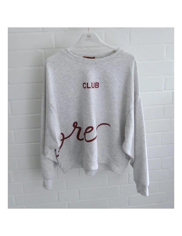 Hellgrau meliertes Oversize Sweatshirt für Damen mit weinrotem Print vorne und hinten am Bügel