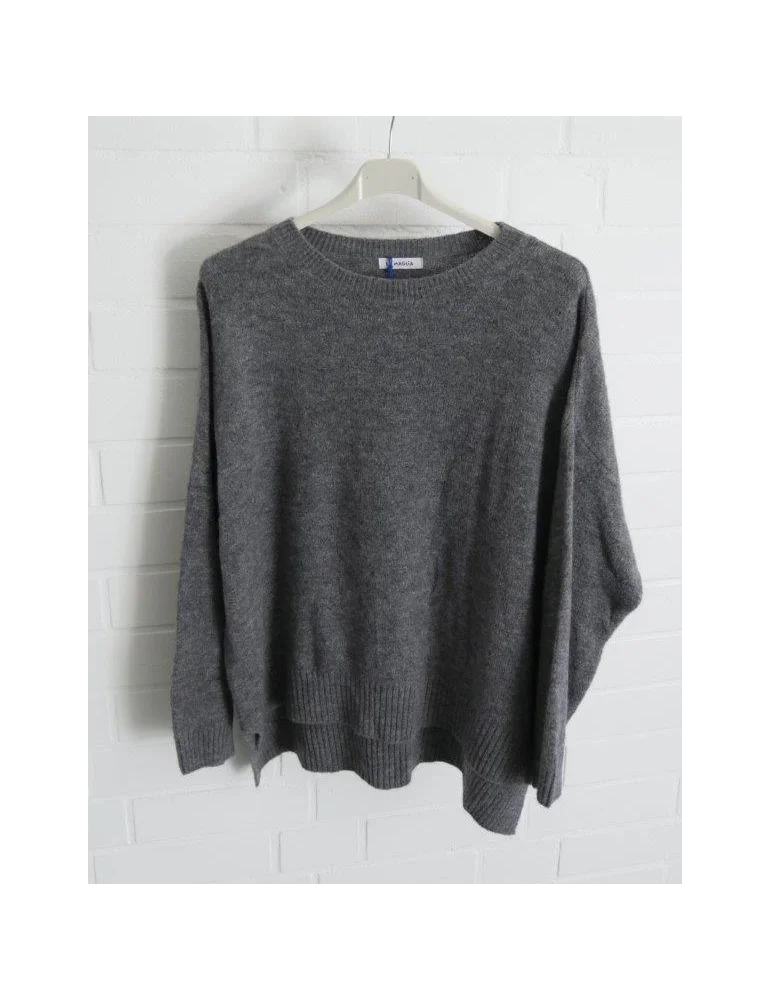 Grauer Oversize-Strickpullover für Damen mit Rundhalsausschnitt und Rippbündchen