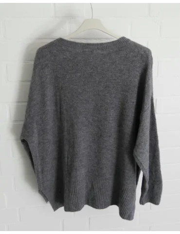 Rückansicht Grauer Oversize-Strickpullover für Damen mit Rundhalsausschnitt und Rippbündchen