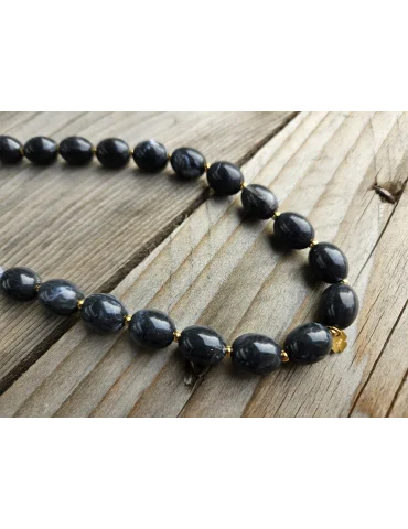 Damen Modeschmuck Halskette kurz mit ovalen Perlen in anthrazit/ grau marmoriert und goldfarbenen Verschluss