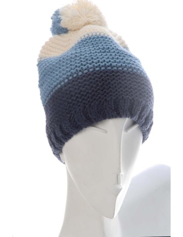 Zwillingsherz Mütze Beanie blau jeansblau creme Bommel Streifen mit Wolle und Fleece