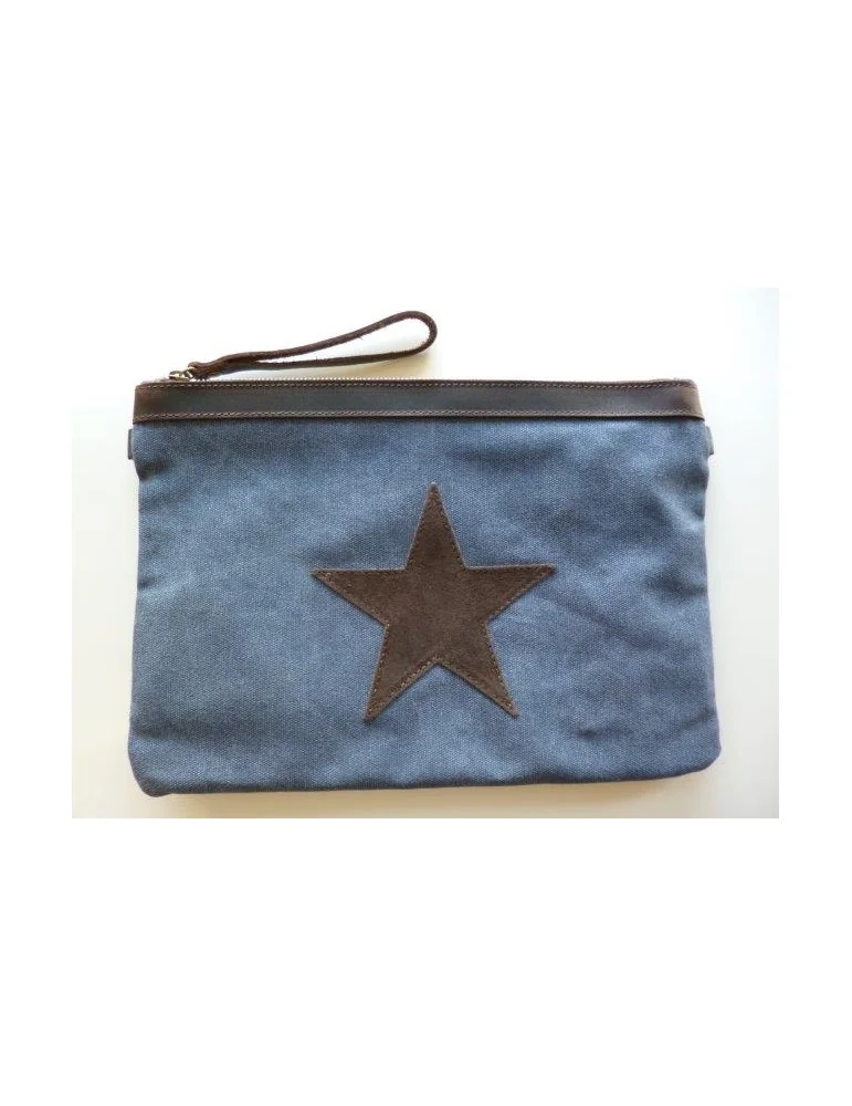 Clutch Schultertasche Tasche jeansblau braun Stern Canvas Echt Leder große Form