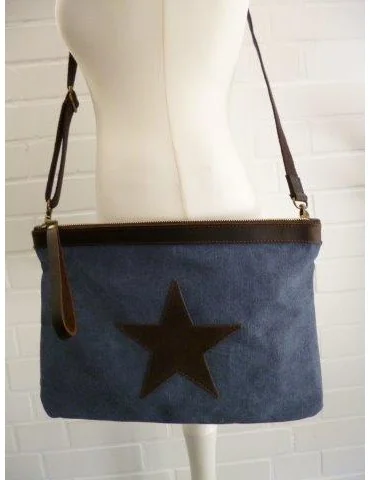 Clutch Schultertasche Tasche jeansblau braun Stern Canvas Echt Leder große Form