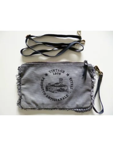Clutch Schultertasche Tasche grau schwarz Sterne Schrift Gebäude Canvas