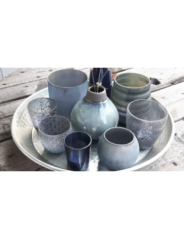 Teelicht Teelichtglas Kerzenständer Glas blau grau matt Rillen 13646