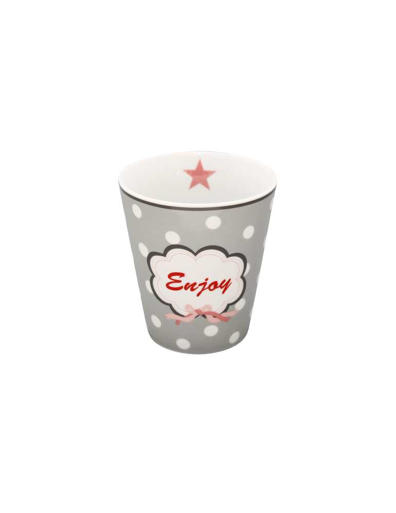 Krasilnikoff Porzellan Kaffeetasse Tasse Becher Mug grau weiß rot rose "Enjoy"