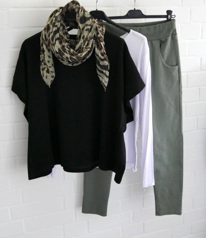 Olivgrüne Jogger mit weißem Longsleeve, schwarzem Scuba Pullunder und Leo Print Schal