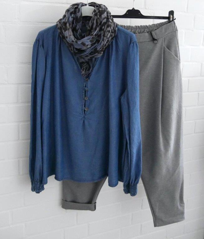 Haremshose hellgrau meliert mit Lyocell Bluse und Leo Schal